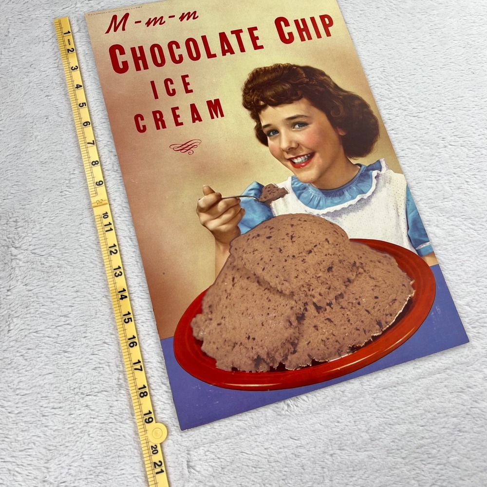 1950s Ice Cream Vintage Advertising Sign 20" Cardboard Girl Chocolate‎ Chip USA - Picture 4 of 10